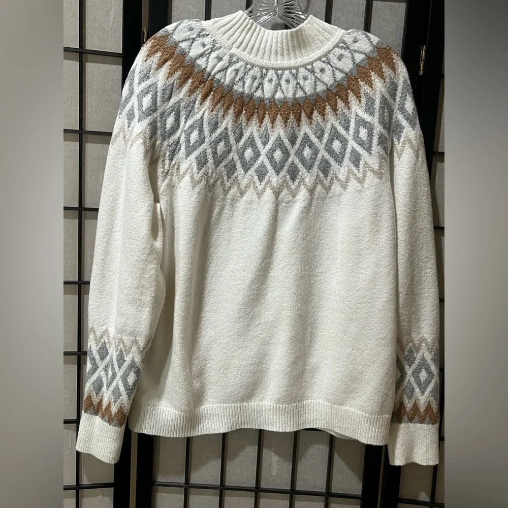 NORT POLE Cream Nordic Yoke Sweater with Gray & Tan Diamond Pattern WOMEN SZ XL
